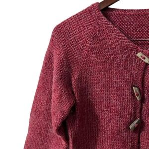 Hand Knit Berry Red Wool Driftwood Buttons Cozy Cottagecore‎ Cardigan Sweater M